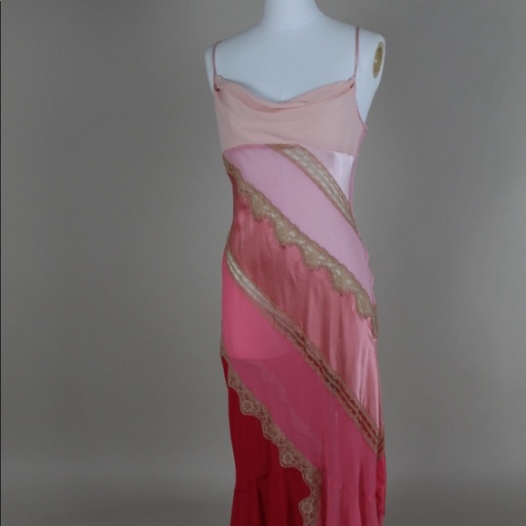 Vintage 90’s Y2K 100% Silk Slip Dress Cowl Boho Sheer Lace Backless Belladonna - Picture 9 of 16